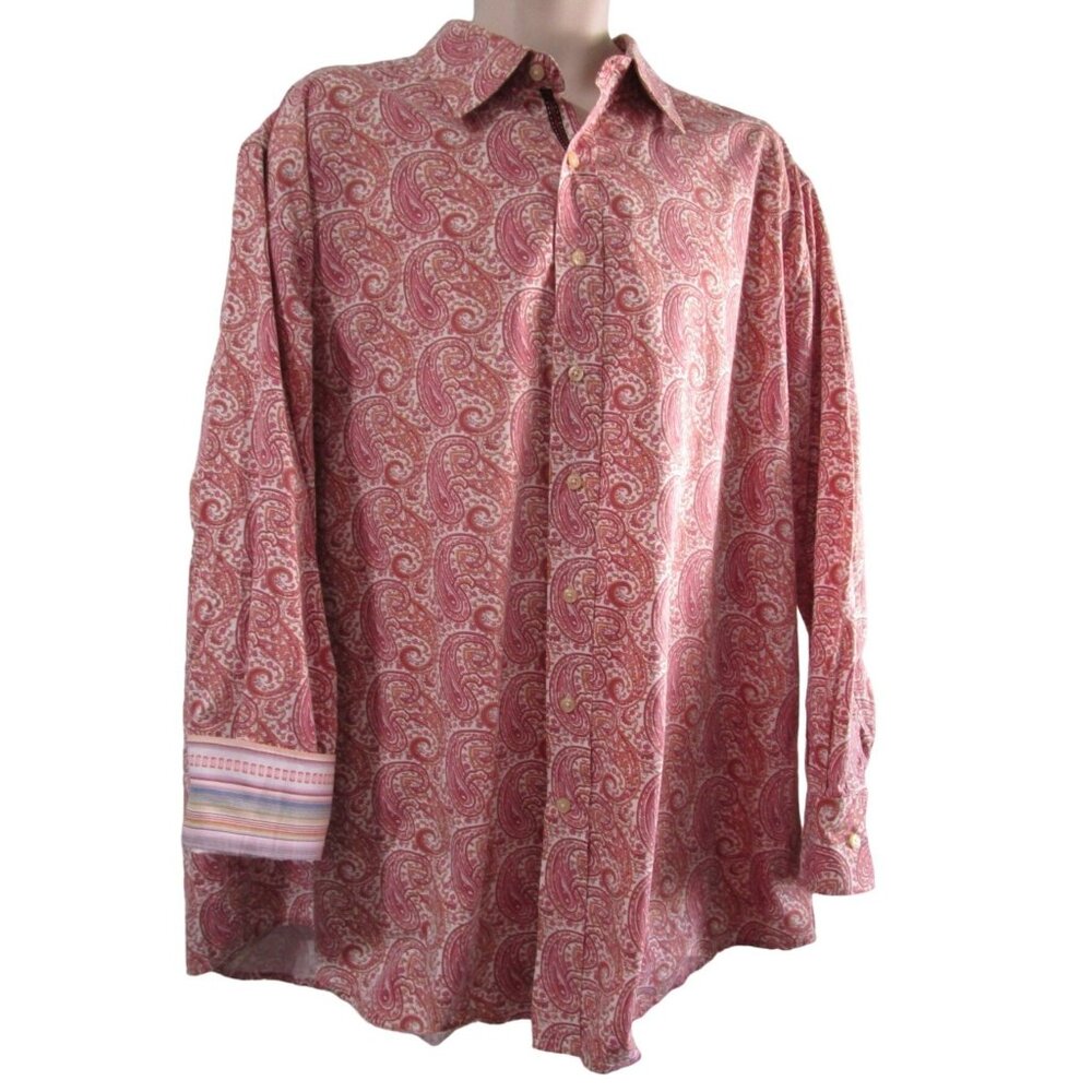 Synergy Raspberry Peach Paisley Button Up Shirt 3XL Liberty Cuffs EUC